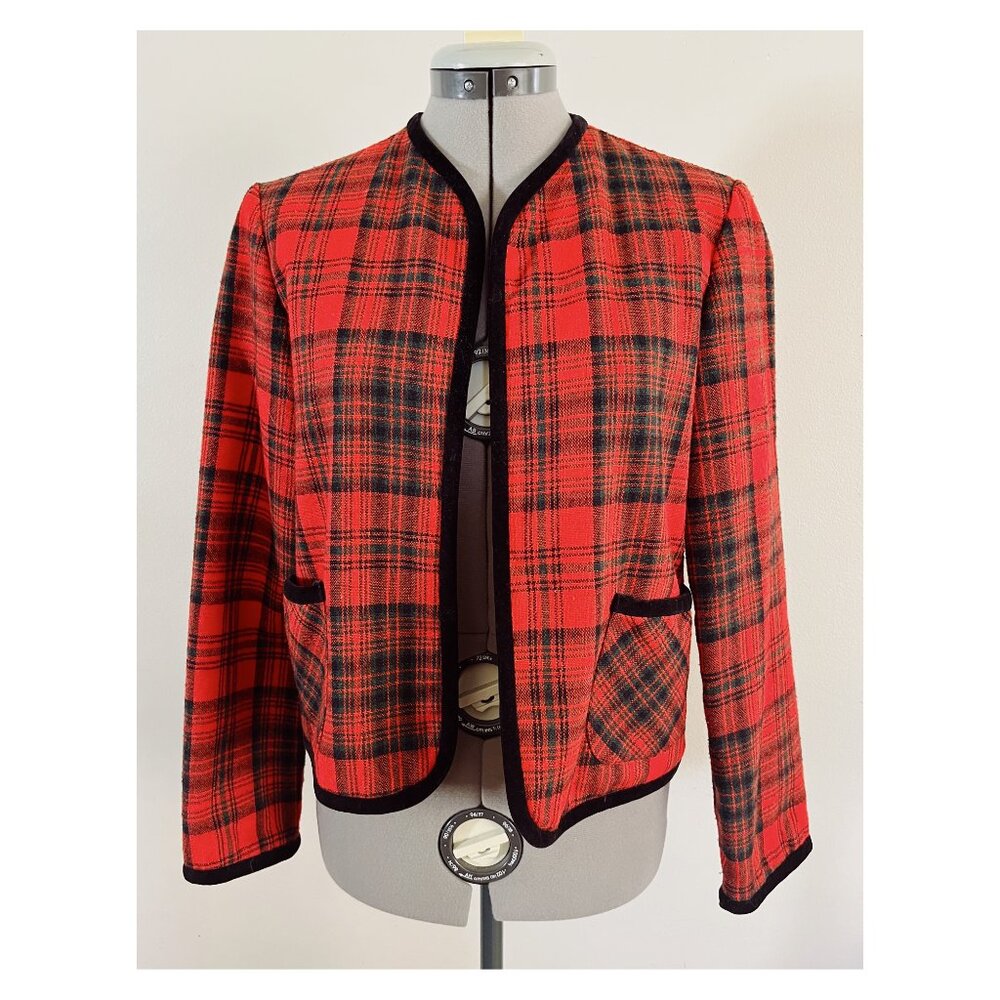 VTG Century of Boston Sz M Tartan Plaid Velvet Trim Open Front Jacket